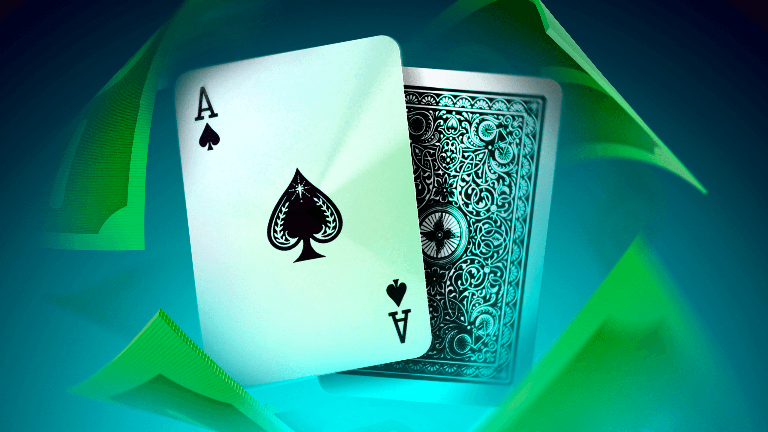 Glowing Ace of Spades playing card with ornate card back on vibrant neon green and blue background. Perfect header image for Best & Easiest Casino Games guides and beginner articles.
