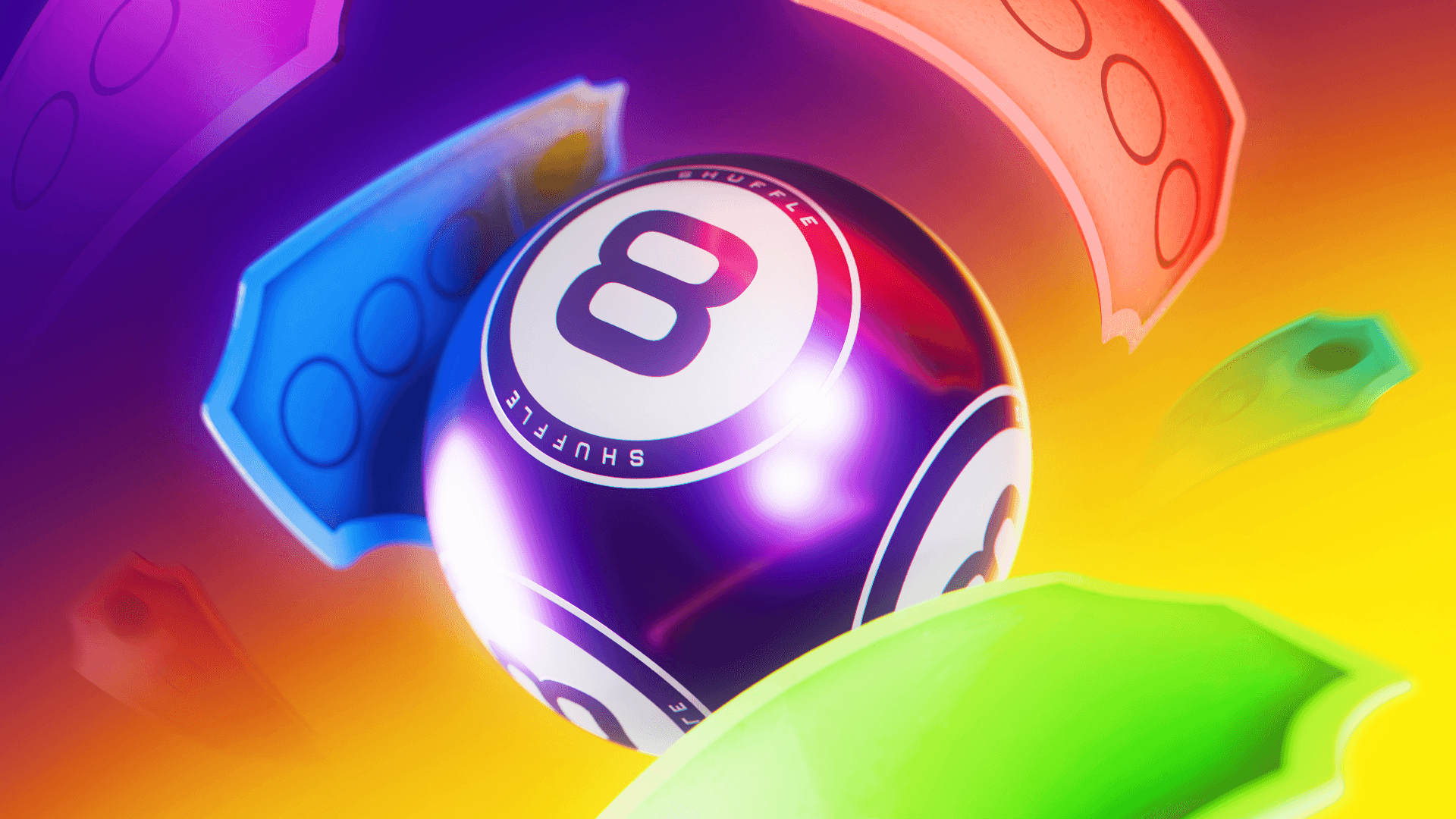 Vibrant, high-energy 3D CGI promotional artwork for SHFL Lottery (Shuffle Lottery). The central focus is a large, glossy metallic purple billiards-style 8-ball with dramatic reflections and neon glows. A bold white circle contains a stylized purple "8", encircled by the word "SHUFFLE" arched at the top and bottom.
Dynamically floating around the ball are colorful stylized lottery tickets, game chips, and money bills in bright blue, red, orange, and lime green — featuring perforated edges, circular cutouts, and a sense of motion. The background is an abstract, glowing gradient exploding from deep purple/magenta on the left to radiant yellow/orange on the right, evoking excitement, luck, and big wins.